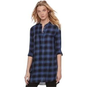 Rock & Republic Y2K Plaid Cabincore Grunge Tunic Flannel Tartan Blue Black